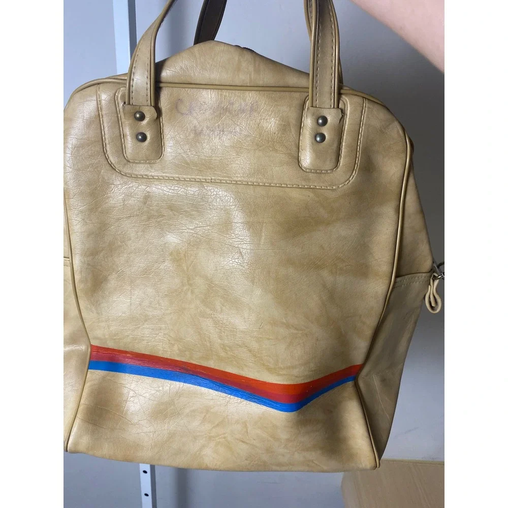 Vintage United Airlines Flight Bag Tan Vinyl Carry On Travel Tote Retro Stripe